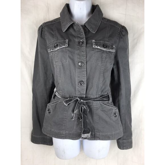 LOFT Gray Button Cotton Jacket Tie Waist Sz 8 Stretch - Picture 2 of 6